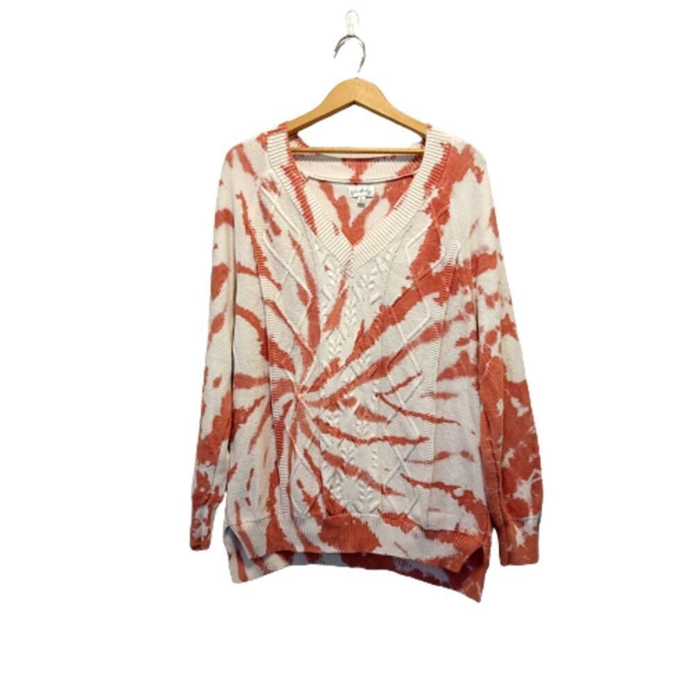 Wonderly Cabincore Cozy Cable Knit Tie Dye Sweater Cream Orange Size 1X Boho